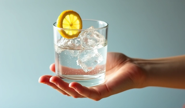 A clear glass of water with ice and a lemon slice next to a person's hand, emphasizing hydration for wellness.
