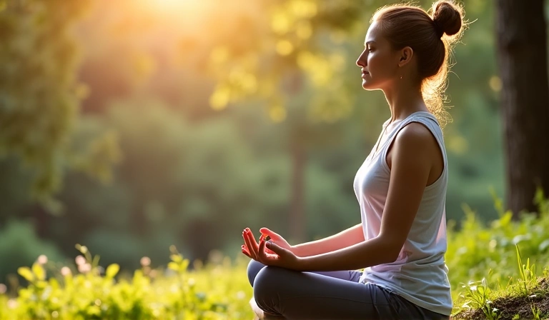 A person meditating peacefully outdoors in a natural setting, representing mindful eating and mental well-being.
