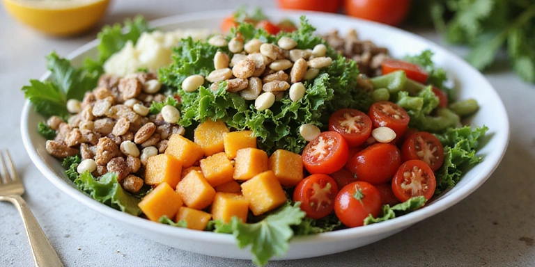 A colorful bowl of fresh salad with various vegetables, nuts, and seeds, representing healthy eating.