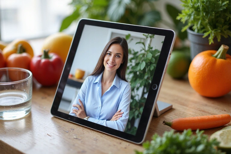 A person video calling on a tablet, surrounded by healthy food items like fruits and vegetables.